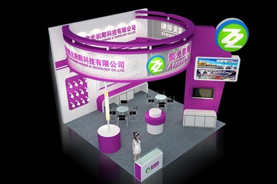 36平米展臺設(shè)計制作：三面開口/現(xiàn)代/木質(zhì)結(jié)構(gòu)/紫色，為安防展展商而作（免費使用）