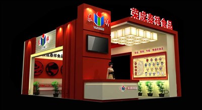 54平米展臺設(shè)計(jì)制作：三面開口/前衛(wèi)/木質(zhì)結(jié)構(gòu)/紅色，為食品展展商而作（免費(fèi)使用）