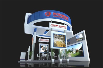 36平米展臺設(shè)計制作：三面開口/現(xiàn)代/木質(zhì)結(jié)構(gòu)/藍色，為食品展展商而作（免費使用）