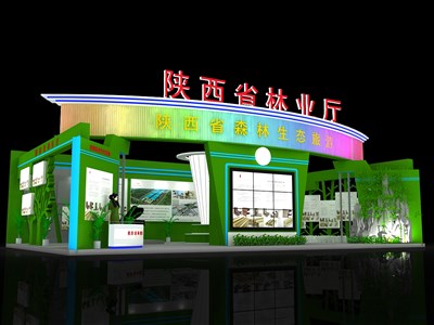 135平米展臺設(shè)計(jì)制作：一面開口/現(xiàn)代/木質(zhì)結(jié)構(gòu)/綠色，為農(nóng)交會展商而作（免費(fèi)使用）