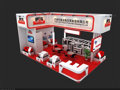 54平米展臺設(shè)計制作：三面開口/現(xiàn)代/木質(zhì)結(jié)構(gòu)/紅色，為機械展展商而作（免費使用）