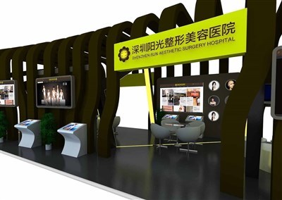 60平米展臺(tái)設(shè)計(jì)制作：四面開口/現(xiàn)代/木質(zhì)結(jié)構(gòu)/咖啡色，為美博會(huì)展商而作（免費(fèi)使用）