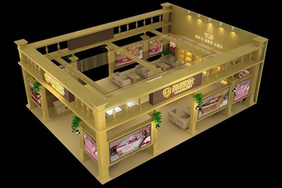 108平米展臺設(shè)計制作：三面開口/歐式/木質(zhì)結(jié)構(gòu)/黃色，為日用品展展商而作（免費使用）