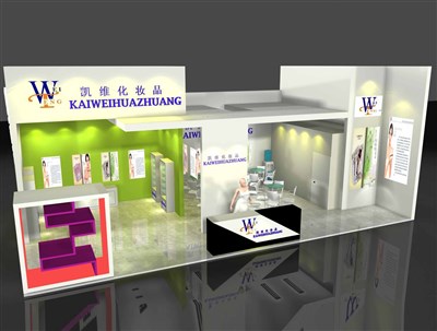 72平米展臺設(shè)計制作：二面開口/現(xiàn)代/木質(zhì)結(jié)構(gòu)/彩色，為美博會展商而作（免費使用）