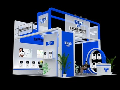 36平米展臺設(shè)計(jì)制作：三面開口/現(xiàn)代/木質(zhì)結(jié)構(gòu)/藍(lán)色，為家電展展商而作（免費(fèi)使用）