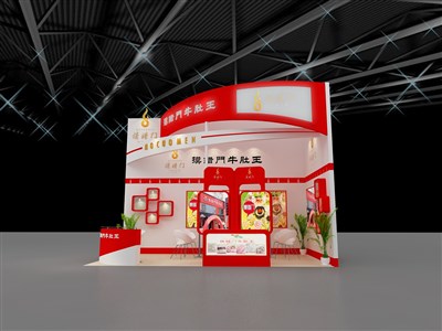 18平米展臺設計制作：二面開口/現(xiàn)代/木質(zhì)結(jié)構(gòu)/紅色，為食品展展商而作（免費使用）