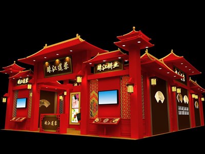 117平米展臺(tái)設(shè)計(jì)制作：二面開口/中式/木質(zhì)結(jié)構(gòu)/紅色，為食品展展商而作（免費(fèi)使用）