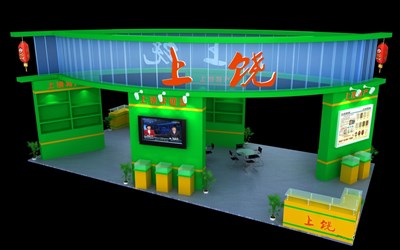 72平米展臺設計制作：四面開口/現代/木質結構/綠色，為食品展展商而作（免費使用）