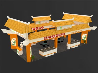 72平米展臺(tái)設(shè)計(jì)制作：四面開口/中式/木質(zhì)結(jié)構(gòu)/黃色，為食品展展商而作（免費(fèi)使用）