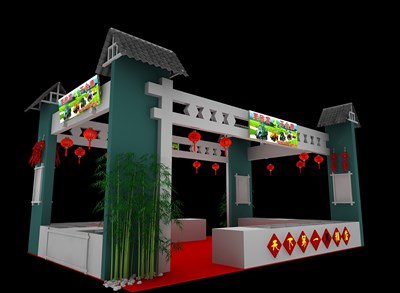 54平米展臺(tái)設(shè)計(jì)制作：二面開口/田園/木質(zhì)結(jié)構(gòu)/綠色，為食品展展商而作（免費(fèi)使用）
