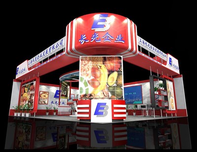89.2平米展臺(tái)設(shè)計(jì)制作：二面開口/現(xiàn)代/木質(zhì)結(jié)構(gòu)/紅色，為食品展展商而作（免費(fèi)使用）