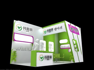 18平米展臺設(shè)計制作：二面開口/現(xiàn)代/木質(zhì)結(jié)構(gòu)/彩色，為美博會展商而作（免費(fèi)使用）