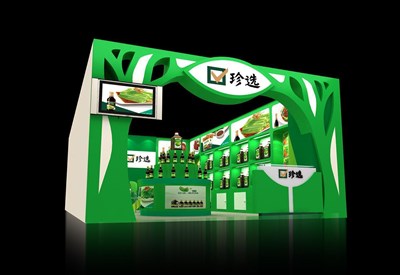 28平米展臺(tái)設(shè)計(jì)制作：一面開(kāi)口/現(xiàn)代/木質(zhì)結(jié)構(gòu)/綠色，為食品展展商而作（免費(fèi)使用）