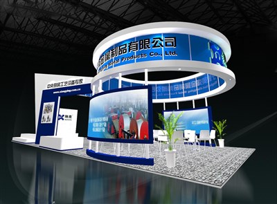 84平米展臺設(shè)計制作：四面開口/現(xiàn)代/木質(zhì)結(jié)構(gòu)/藍(lán)色，為汽配展展商而作（免費使用）
