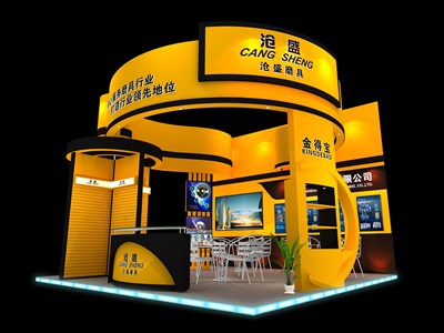 36平米展臺(tái)設(shè)計(jì)制作：三面開(kāi)口/現(xiàn)代/木質(zhì)結(jié)構(gòu)/黃色，為汽配展展商而作（免費(fèi)使用）