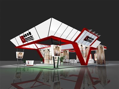 144平米展臺設(shè)計制作：四面開口/現(xiàn)代/型材結(jié)構(gòu)/紅色，為機(jī)械展展商而作（免費(fèi)使用）