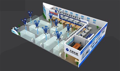 504平米展臺設計制作：二面開口/現(xiàn)代/木質(zhì)結(jié)構(gòu)/藍色，為機械展展商而作（免費使用）
