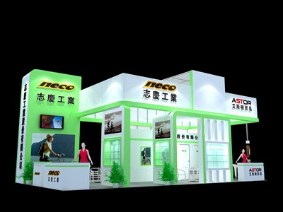 72平米展臺(tái)設(shè)計(jì)制作：四面開口/現(xiàn)代/木質(zhì)結(jié)構(gòu)/綠色，為汽配展展商而作（免費(fèi)使用）