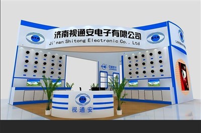 54平米展臺設計制作：三面開口/現(xiàn)代/木質結構/藍色，為安防展展商而作（免費使用）