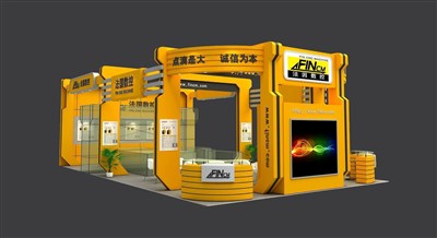 135平米展臺設(shè)計制作：三面開口/現(xiàn)代/木質(zhì)結(jié)構(gòu)/黃色，為機械展展商而作（免費使用）