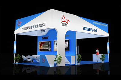 54平米展臺設(shè)計制作：四面開口/現(xiàn)代/木質(zhì)結(jié)構(gòu)/藍色，為機械展展商而作（免費使用）