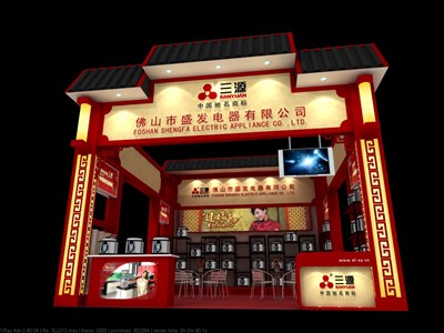 36平米展臺(tái)設(shè)計(jì)制作：三面開口/中式/木質(zhì)結(jié)構(gòu)/紅色，為家電展展商而作（免費(fèi)使用）