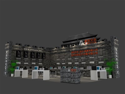 70平米展臺設(shè)計(jì)制作：二面開口/中式/木質(zhì)結(jié)構(gòu)/灰色，為家電展展商而作（免費(fèi)使用）