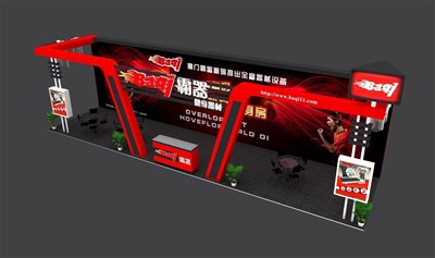 51.8平米展臺設(shè)計制作：三面開口/現(xiàn)代/木質(zhì)結(jié)構(gòu)/紅色，為機械展展商而作（免費使用）