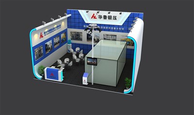 63.8平米展臺(tái)設(shè)計(jì)制作：一面開(kāi)口/現(xiàn)代/木質(zhì)結(jié)構(gòu)/藍(lán)色，為機(jī)械展展商而作（免費(fèi)使用）