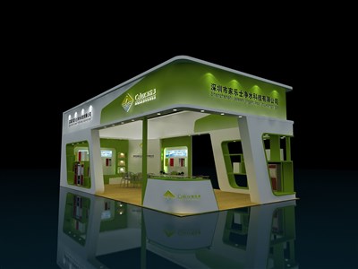 72平米展臺設(shè)計制作：三面開口/現(xiàn)代/木質(zhì)結(jié)構(gòu)/綠色，為家電展展商而作（免費使用）