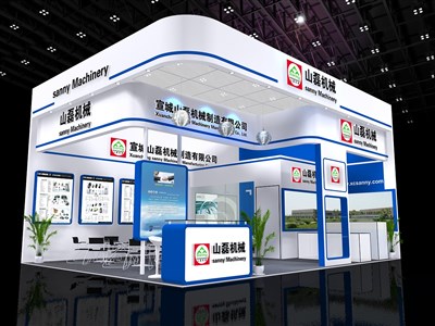 48平米展臺設(shè)計制作：二面開口/現(xiàn)代/木質(zhì)結(jié)構(gòu)/藍(lán)色，為汽配展展商而作（免費使用）