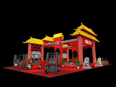 200平米展臺設計制作：四面開口/中式/木質(zhì)結(jié)構(gòu)/紅色，為汽配展展商而作（免費使用）