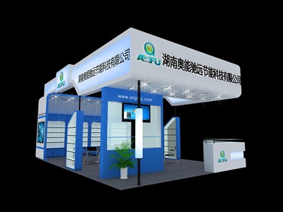 54平米展臺設計制作：三面開口/現(xiàn)代/木質(zhì)結(jié)構(gòu)/藍色，為汽配展展商而作（免費使用）