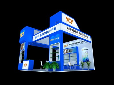36平米展臺(tái)設(shè)計(jì)制作：三面開口/現(xiàn)代/木質(zhì)結(jié)構(gòu)/藍(lán)色，為機(jī)械展展商而作（免費(fèi)使用）