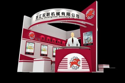 18平米展臺(tái)設(shè)計(jì)制作：二面開口/前衛(wèi)/木質(zhì)結(jié)構(gòu)/紅色，為機(jī)械展展商而作（免費(fèi)使用）