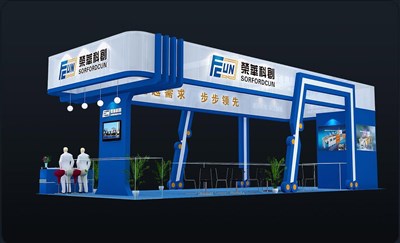 90平米展臺(tái)設(shè)計(jì)制作：四面開口/現(xiàn)代/木質(zhì)結(jié)構(gòu)/藍(lán)色，為機(jī)械展展商而作（免費(fèi)使用）