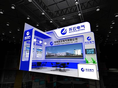 32平米展臺設計制作：二面開口/現(xiàn)代/木質(zhì)結(jié)構(gòu)/藍色，為機械展展商而作（免費使用）