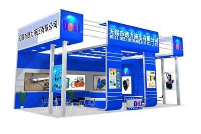 72平米展臺設(shè)計制作：三面開口/現(xiàn)代/木質(zhì)結(jié)構(gòu)/藍(lán)色，為機械展展商而作（免費使用）
