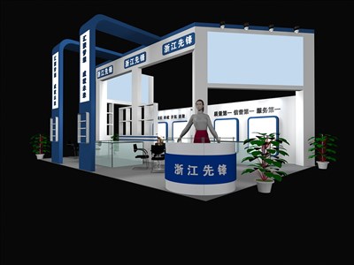 54平米展臺設(shè)計制作：三面開口/現(xiàn)代/木質(zhì)結(jié)構(gòu)/藍色，為機械展展商而作（免費使用）