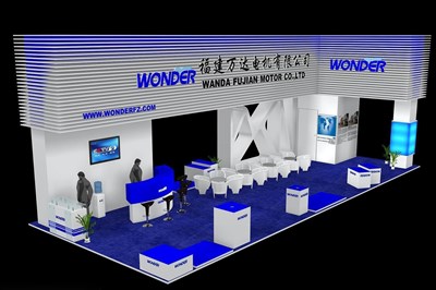 90平米展臺設計制作：四面開口/現(xiàn)代/木質結構/藍色，為機械展展商而作（免費使用）