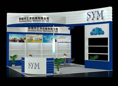 36平米展臺設(shè)計(jì)制作：三面開口/現(xiàn)代/木質(zhì)結(jié)構(gòu)/藍(lán)色，為機(jī)械展展商而作（免費(fèi)使用）