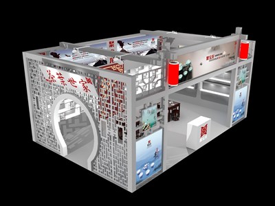 54平米展臺(tái)設(shè)計(jì)制作：二面開口/中式/木質(zhì)結(jié)構(gòu)/灰色，為茶博會(huì)展商而作（免費(fèi)使用）