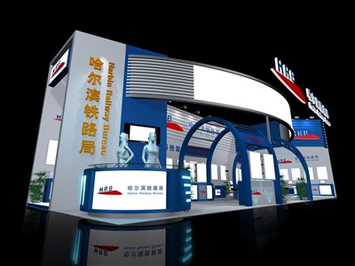 102平米展臺設(shè)計制作：二面開口/現(xiàn)代/木質(zhì)結(jié)構(gòu)/藍色，為機械展展商而作（免費使用）