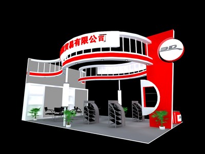 54平米展臺設計制作：三面開口/現(xiàn)代/木質(zhì)結(jié)構(gòu)/紅色，為汽配展展商而作（免費使用）