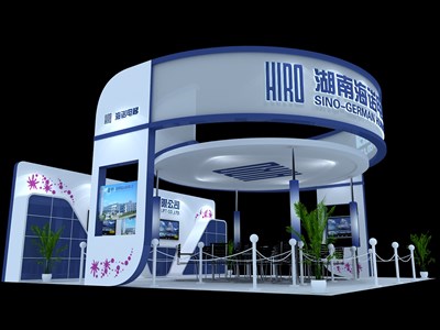 76.5平米展臺設(shè)計(jì)制作：四面開口/現(xiàn)代/木質(zhì)結(jié)構(gòu)/藍(lán)色，為汽配展展商而作（免費(fèi)使用）