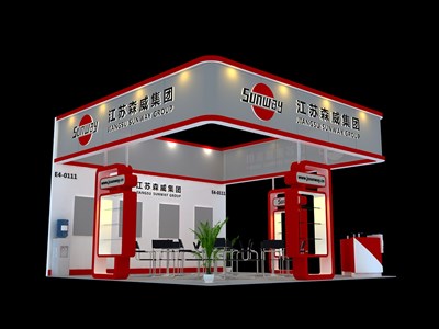 36平米展臺設(shè)計制作：三面開口/現(xiàn)代/木質(zhì)結(jié)構(gòu)/紅色，為汽配展展商而作（免費使用）