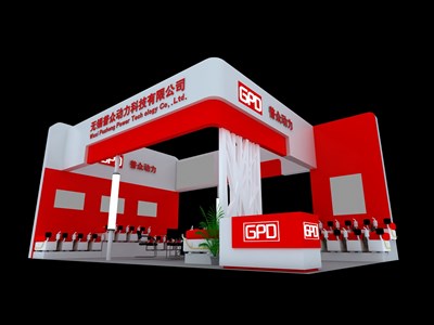 54平米展臺設計制作：三面開口/現(xiàn)代/木質結構/紅色，為汽配展展商而作（免費使用）