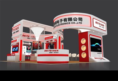 108平米展臺(tái)設(shè)計(jì)制作：四面開口/前衛(wèi)/木質(zhì)結(jié)構(gòu)/紅色，為電子展展商而作（免費(fèi)使用）