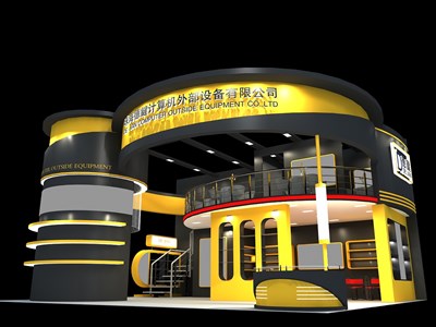 99平米展臺設(shè)計(jì)制作：三面開口/現(xiàn)代/雙層結(jié)構(gòu)/黃色，為電子展展商而作（免費(fèi)使用）