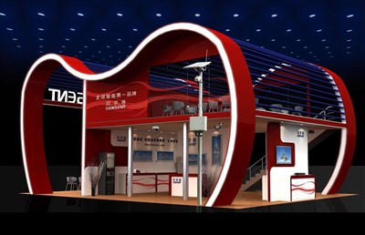 108平米展臺設(shè)計制作：四面開口/現(xiàn)代/雙層結(jié)構(gòu)/紅色，為電子展展商而作（免費使用）